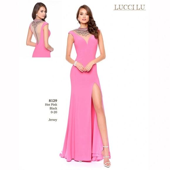 NWT Lucci Lu Bubblegum Pink Bead Embellished Collar Gown, Style # 8129, Sz 4 - Picture 1 of 11